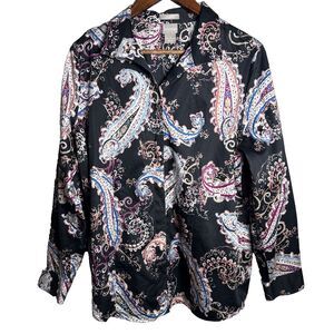 Chico’s No Iron Sateen Paisley Wing Collar Button Up Shirt Women's Size 2 Large